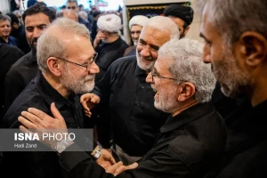 تصاویر؛ خوش و بش قاآنی و علی لاریجانی در حاشیه مراسم گرامیداشت سرلشگر ایزدی